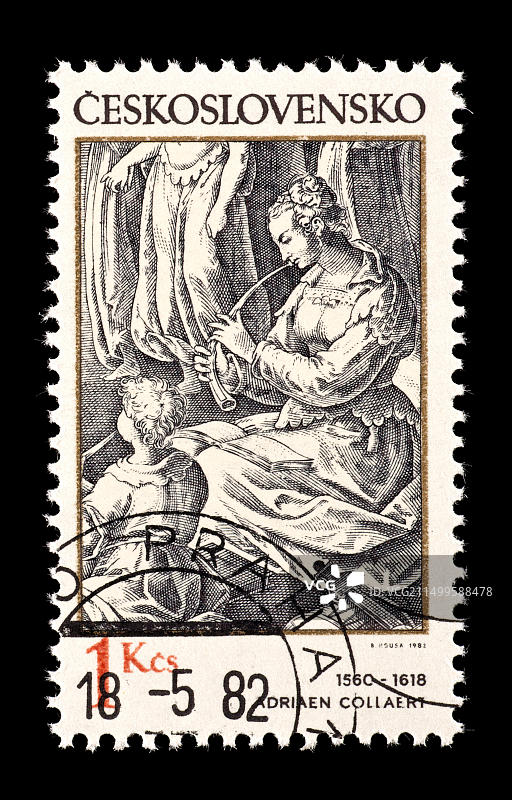 捷克斯洛伐克发行的描绘阿德里安·科拉特雕刻作品《女长笛演奏者》的邮票图片素材