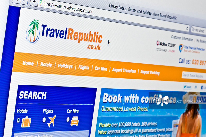 Travel Republic网站上的标志特写（仅限编辑使用：印刷品、电视、电子书和编辑网站）图片素材