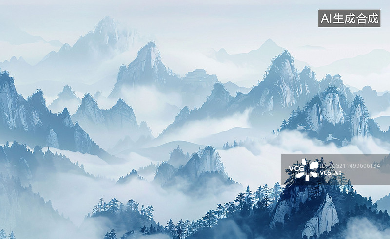 【AI数字艺术】江南山水自然风光中国风水墨风概念插图图片素材