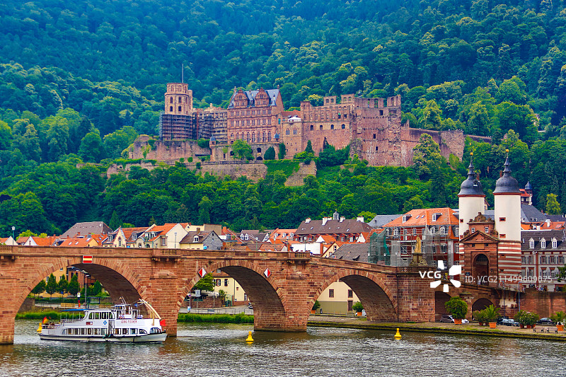 德国海德堡：卡尔-特奥多桥、海德堡城堡、建筑、桥梁、城堡、城市、河流、旅游图片素材