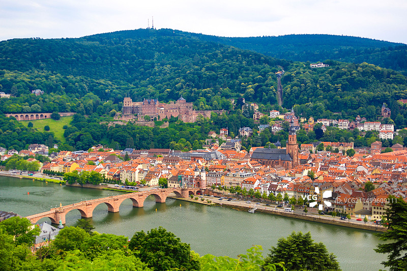 德国海德堡：卡尔-特奥多桥、海德堡城堡、建筑、桥梁、城堡、城市、河流、旅游图片素材