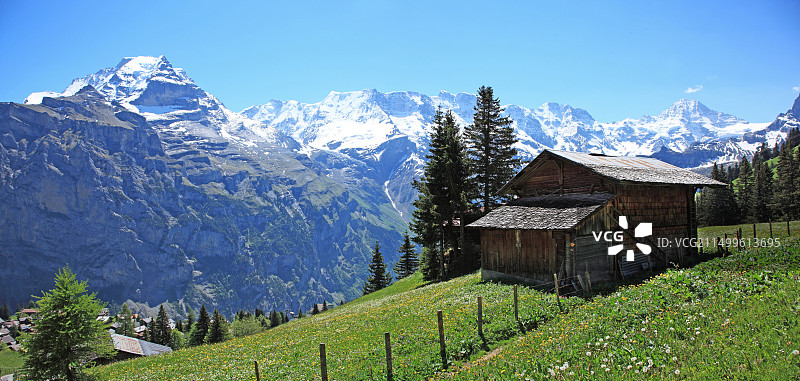 旅行，地理，自然，瑞士阿尔卑斯山，少女峰，欧洲，瑞士，伯尔尼，伯尔尼高地，米伦，山脉，雪，草地图片素材