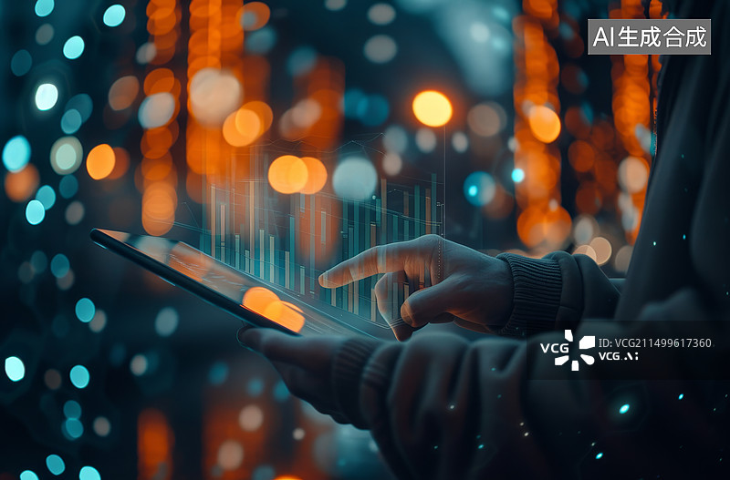 【AI数字艺术】一个商务男士拿着平板电脑看立体数据走势图片素材