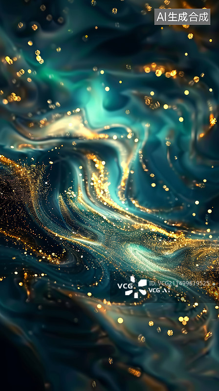 【AI数字艺术】绿色金色液体表面发光抽象背景图片素材