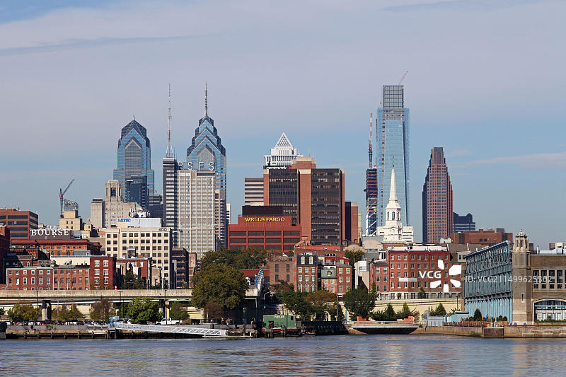 美国宾夕法尼亚州费城：从卡姆登眺望费城天际线图片素材