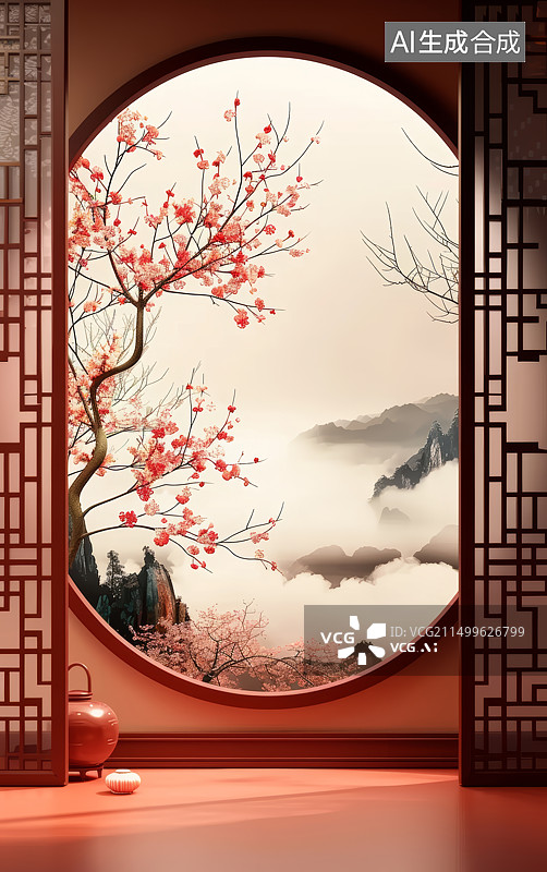 【AI数字艺术】红梅假山屏风中式红色背景墙图片素材