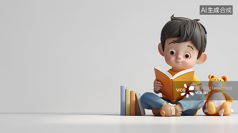 【AI数字艺术】3D卡通小孩专注阅读图片素材