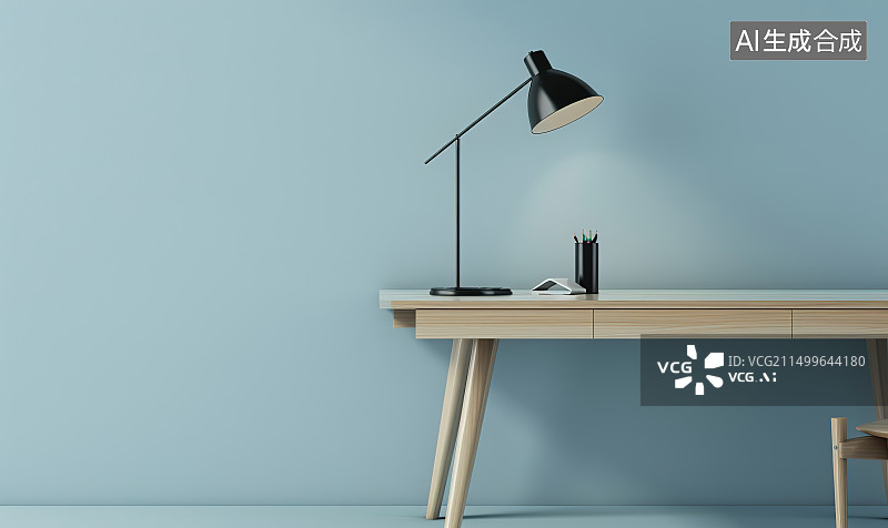 【AI数字艺术】靠墙桌上的笔记本电脑和电灯特写图片素材