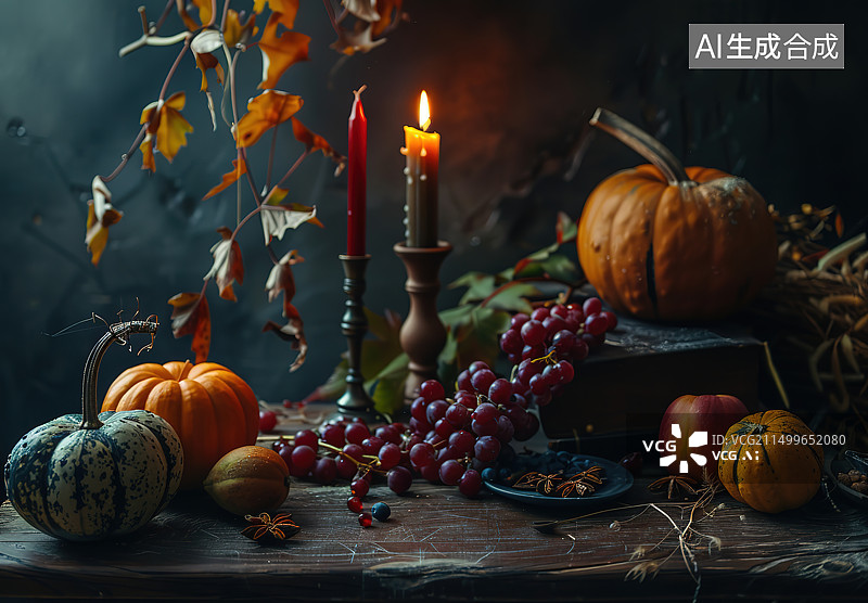 【AI数字艺术】万圣节期间桌上南瓜的特写镜头图片素材