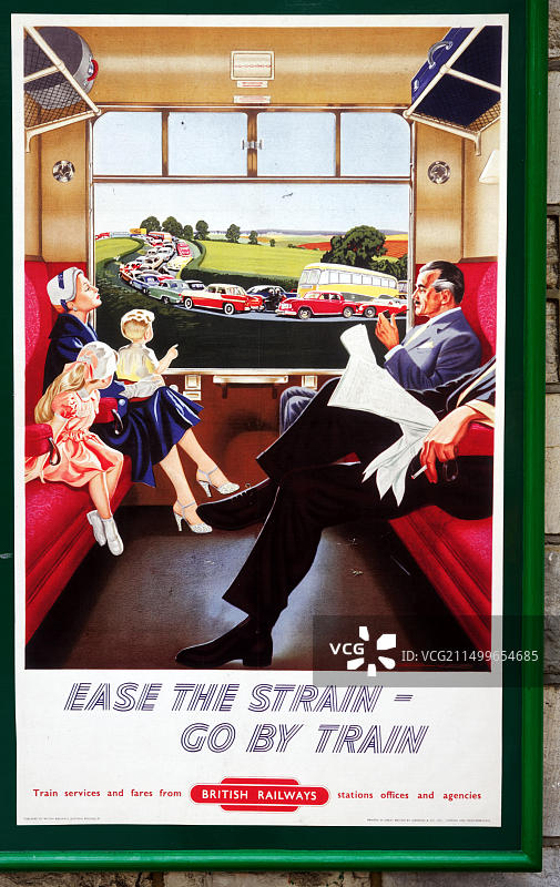 五十年代英式铁路海报：乘坐斯瓦尼奇蒸汽火车，缓解压力图片素材