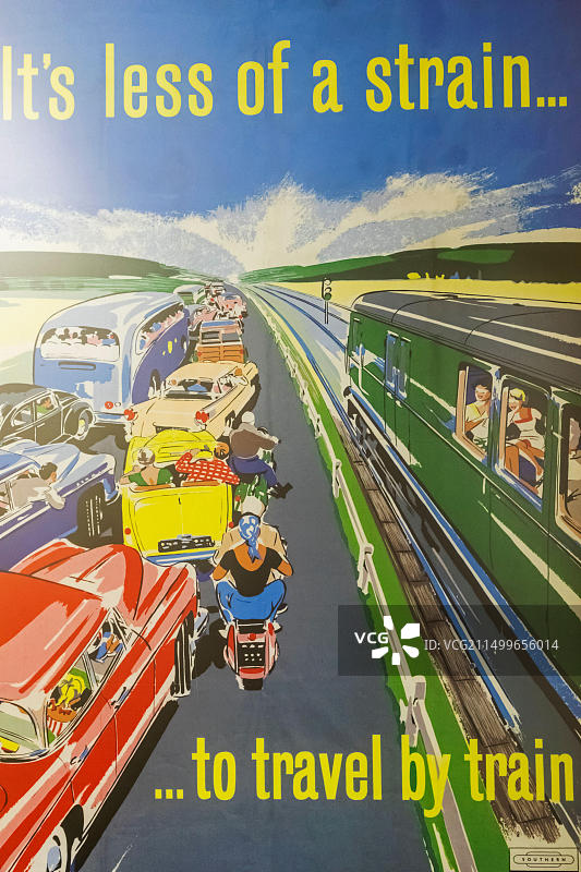 英国汉普郡罗普利车站，米德汉茨遗产铁路又名水芹线，英国复古铁路宣传海报，推广火车旅行代替公路旅行图片素材