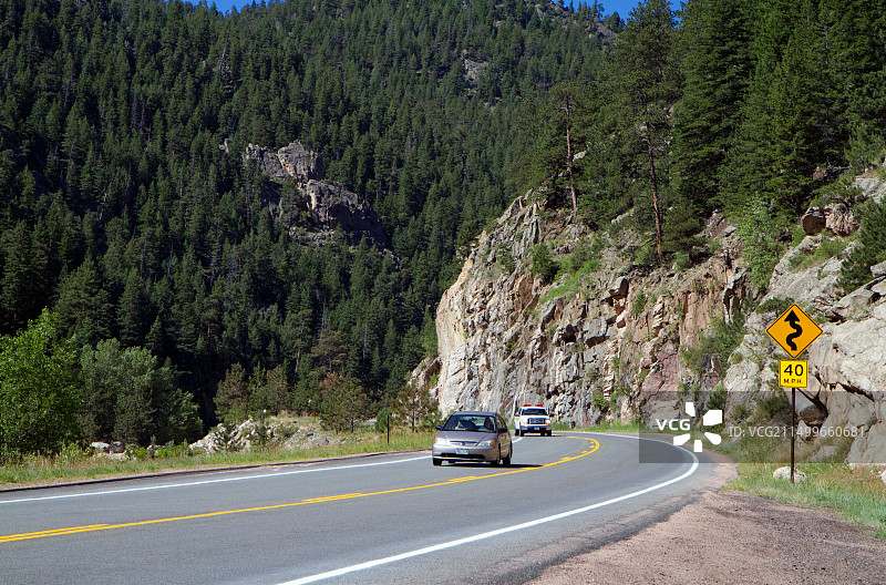 汽车沿着美国34号公路穿越美国科罗拉多州拉夫兰附近的汤普森峡谷图片素材