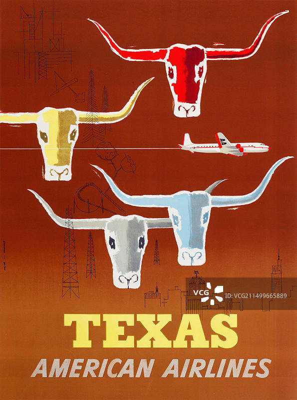 20世纪50年代美国航空德克萨斯州复古旅行海报图片素材