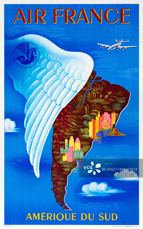 吕西安·布歇1950年法国航空南美复古旅行海报图片素材