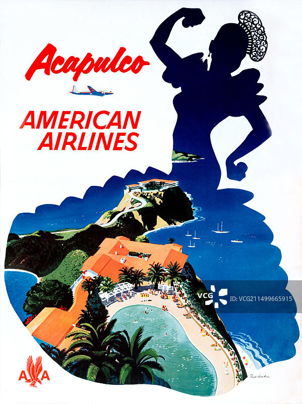 20世纪50年代美国航空公司阿卡普尔科复古旅行海报，弗雷德·卢德金斯作品图片素材