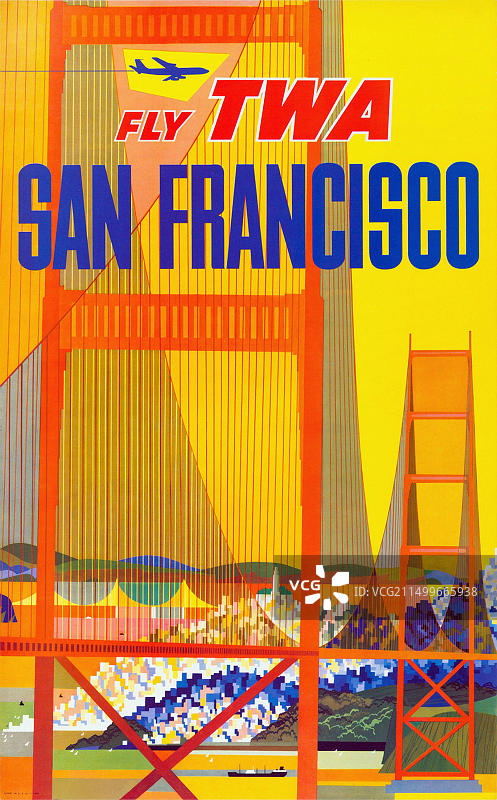 1960年代环球航空旧金山旅行复古海报——大卫·克莱恩，1960年图片素材
