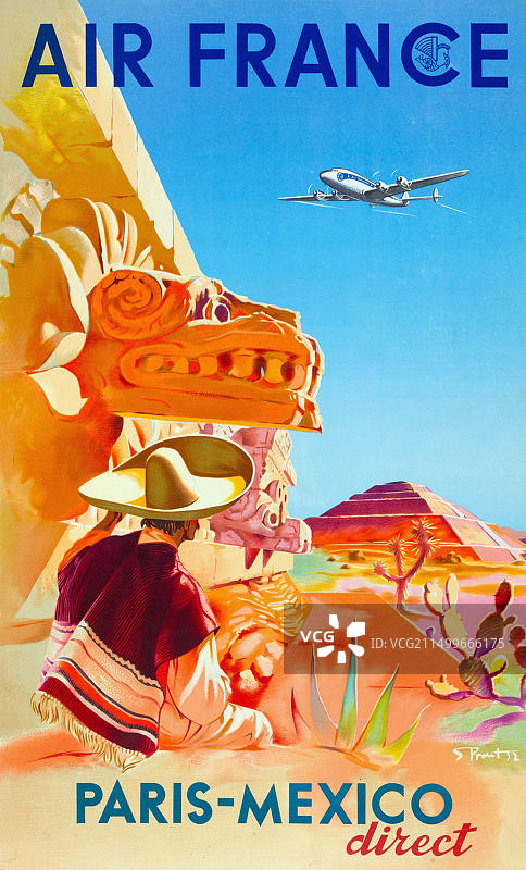 法国航空巴黎-墨西哥1952年复古旅行海报，艺术家：S. Prout图片素材
