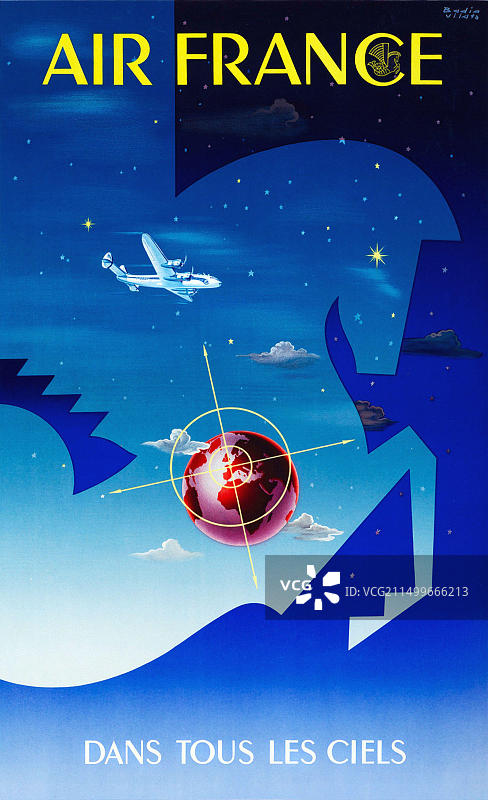 1948年巴迪亚制作的老式旅行海报：法国航空，飞向所有天空图片素材