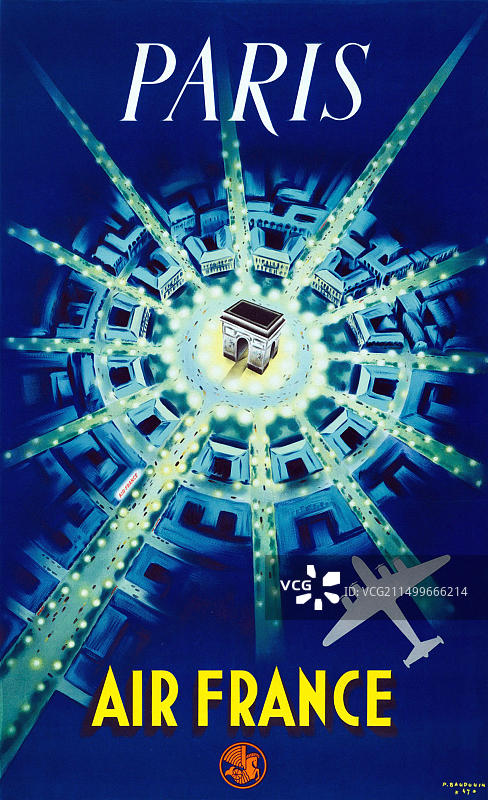 20世纪40年代复古旅行海报 - 法国航空 - 巴黎凯旋门 - P. Baudouin - 1947图片素材