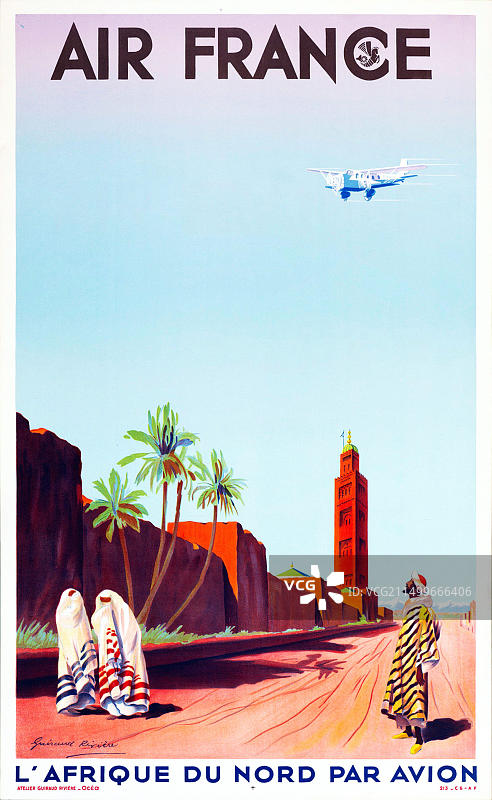 1930年代复古旅行海报-法国航空-飞机上的北非-莫里斯·吉罗-里维埃-1934年图片素材