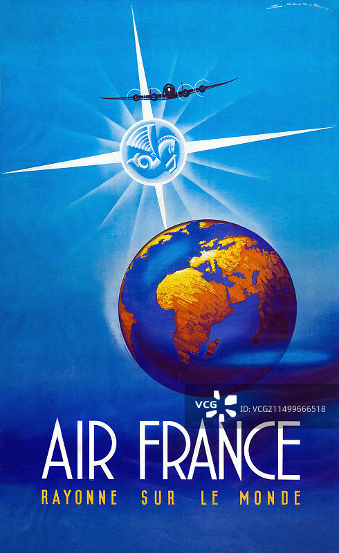 20世纪40年代法国航空旅行海报 - 光芒照耀世界 - 埃德蒙·莫鲁斯 - 1946年图片素材