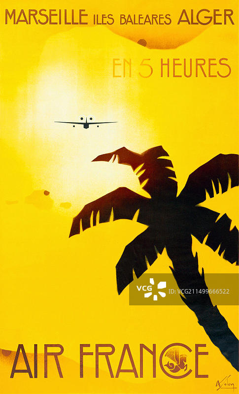 20世纪30年代法国航空旅行海报 - 马赛巴利阿里群岛阿尔及尔5小时达 - 阿尔伯特·索隆 - 1934年图片素材