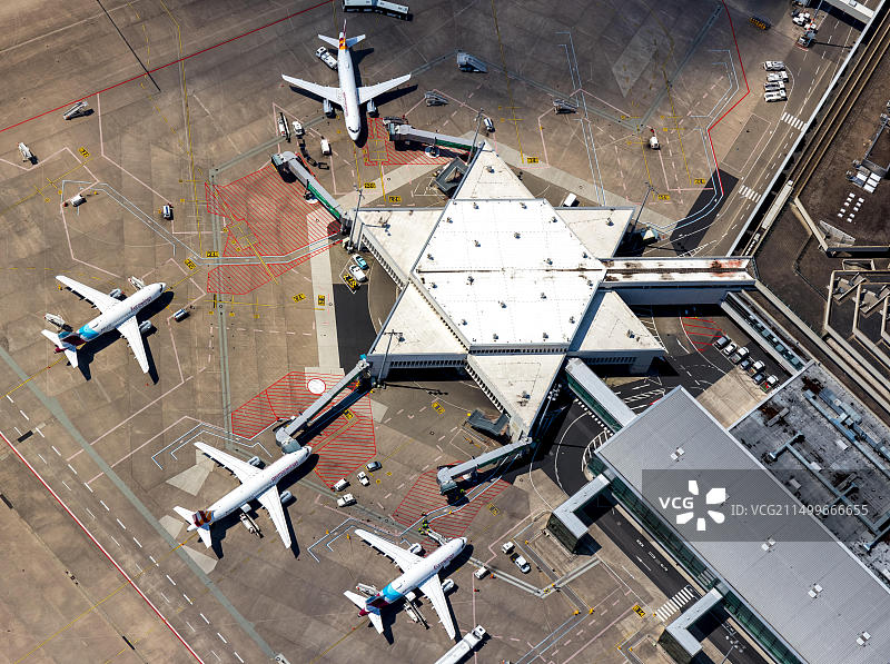 科隆/波恩“康拉德·阿登纳”机场的航拍照片，带有处理指，带有旅行喷气机的登机口，商用飞机，国际商业图片素材