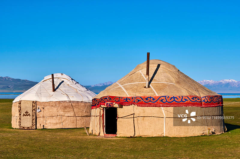 吉尔吉斯斯坦纳伦州宋科尔湖吉尔吉斯游牧民族的蒙古包营地图片素材
