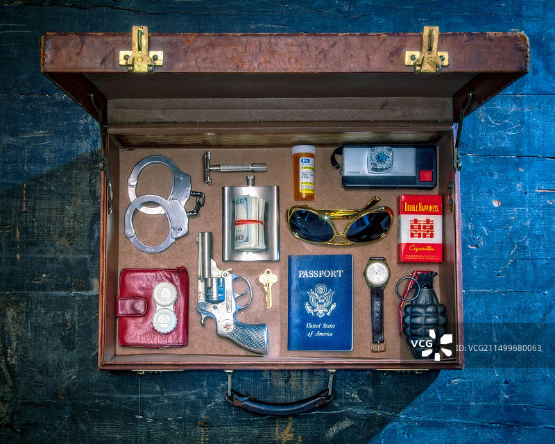 旧式皮革公文包俯视图，内部整齐地排列着危险的旅行物品图片素材