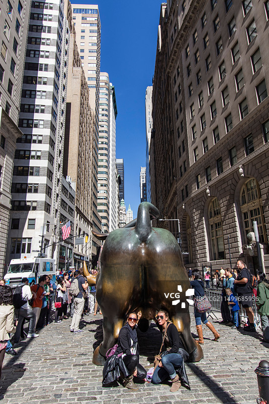 美国纽约市华尔街铜牛金融区游客图片素材