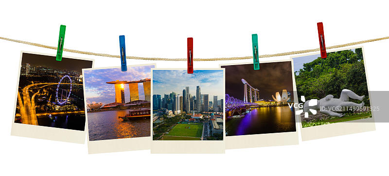 晾衣夹上的新加坡旅行照片图片素材