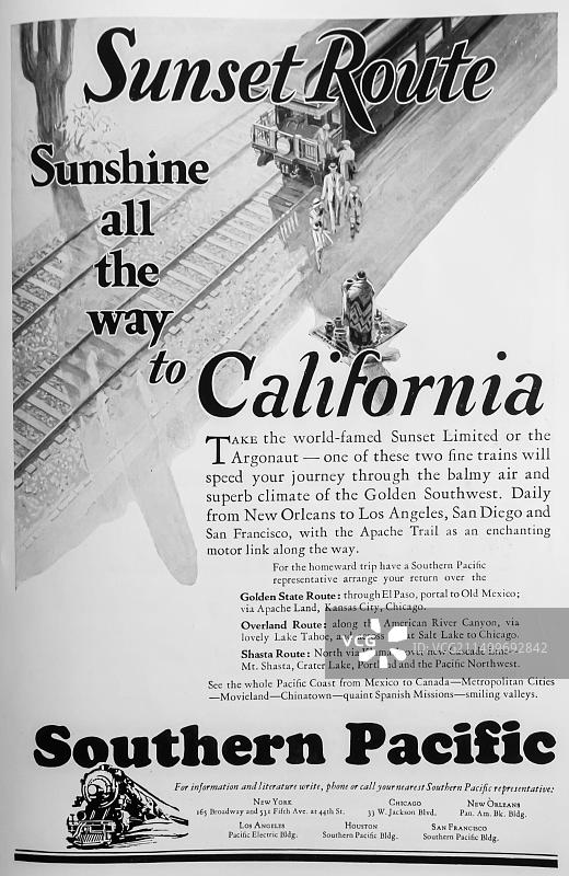 1927年美国南太平洋铁路加州列车旅行广告图片素材