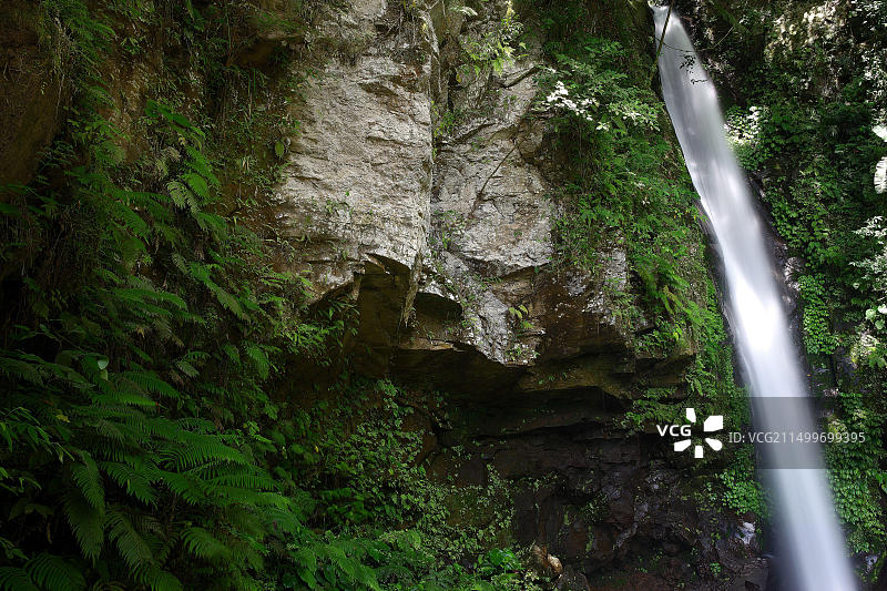 菲律宾卡米金岛：热带雨林中的美丽瀑布图片素材