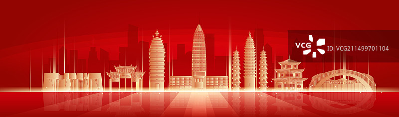 昆明城市地标建筑金色剪影矢量插画图片素材