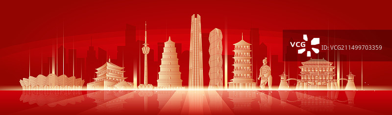 西安城市地标建筑金色剪影矢量插画图片素材