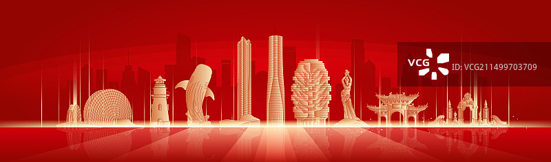 珠海城市地标建筑金色剪影矢量插画图片素材