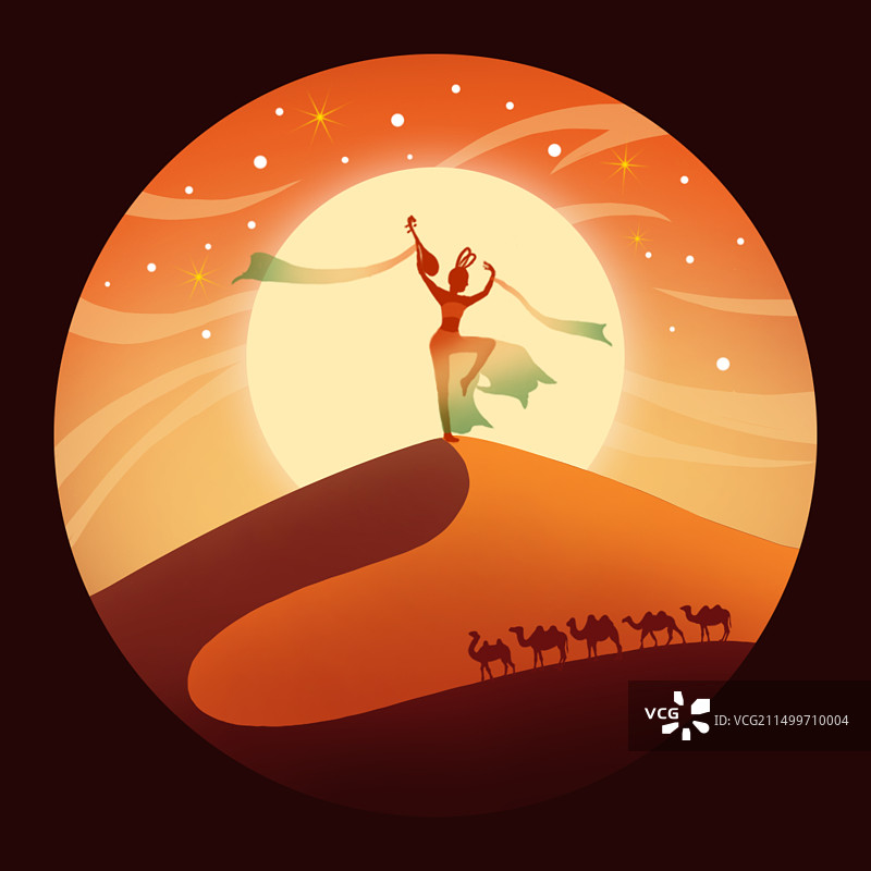 沙漠飞天中国风扁平微光插画图片素材
