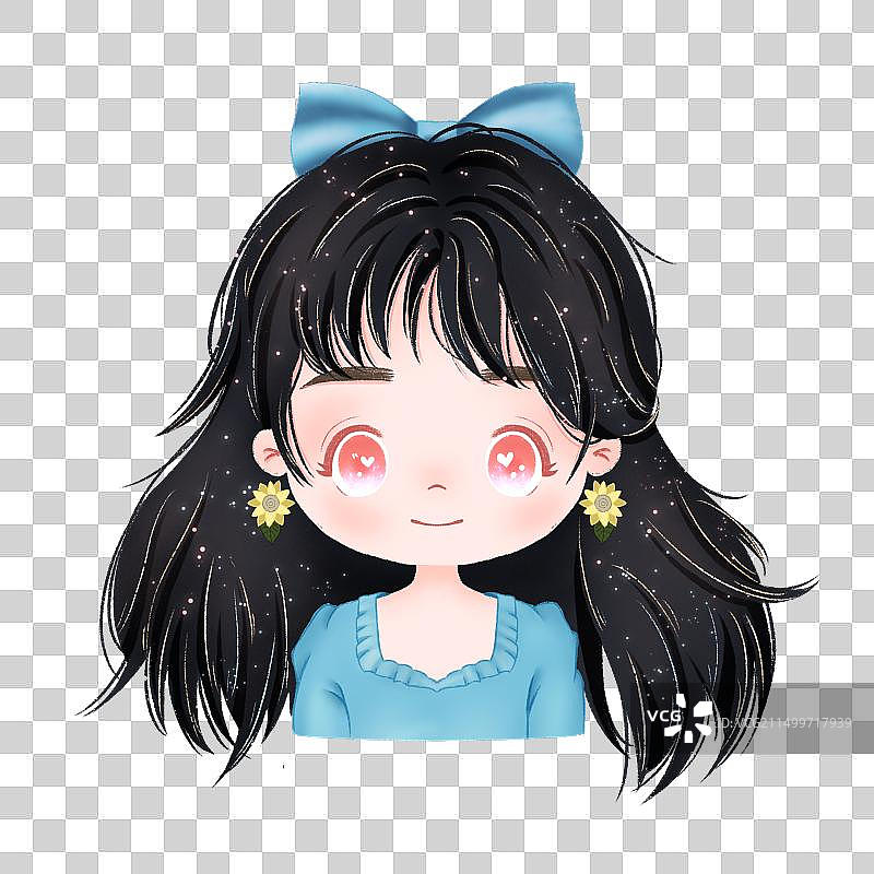 蓝衣刘海长发蝴蝶结少女卡通免抠元素图片素材