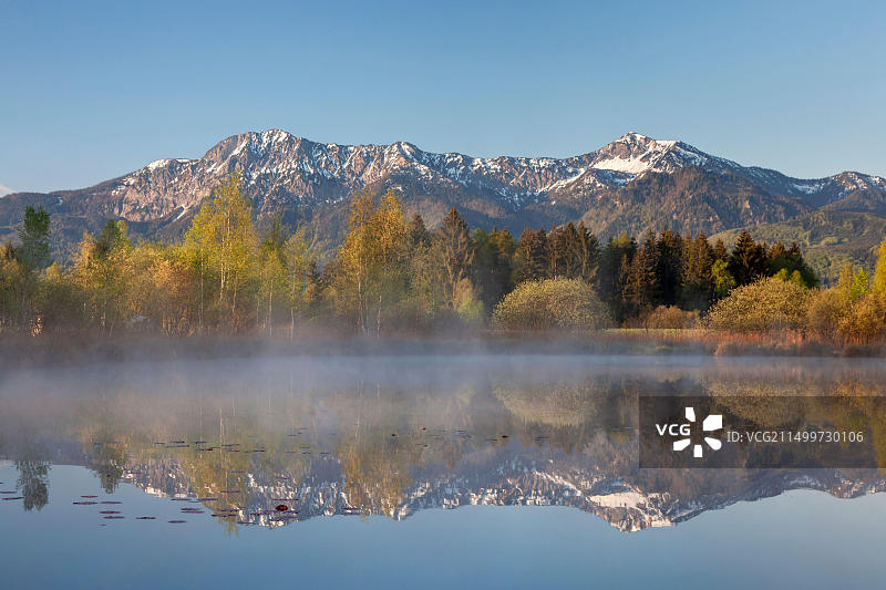 德国巴伐利亚Grossweil Haselsee湖，Herzogstand山峰和花园图片素材