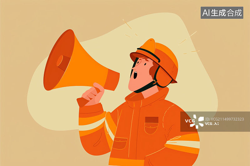 【AI数字艺术】卡通消防员拿着喇叭宣传注意消防安全插画图片素材