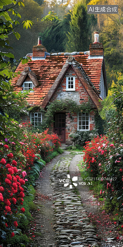 【AI数字艺术】鲜花环绕的石头小屋图片素材