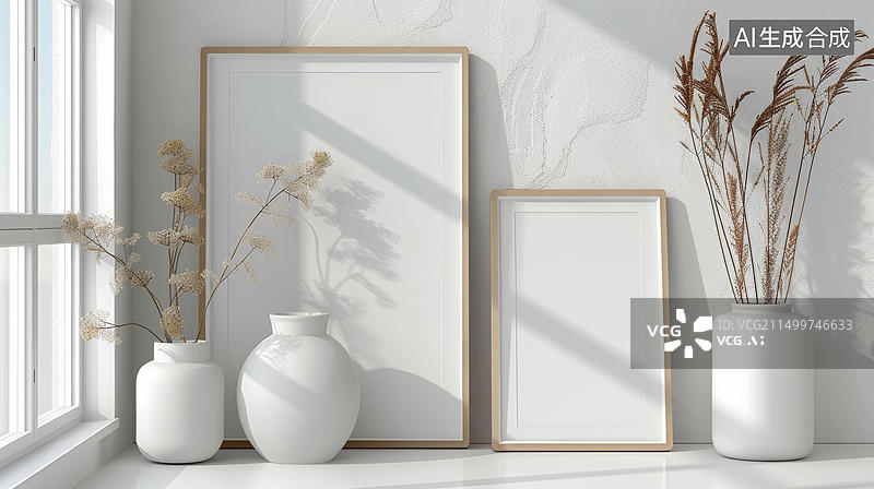 【AI数字艺术】在窗边摆放着干花花瓶的两个空相框图片素材
