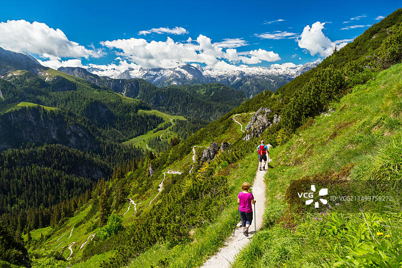 在巴伐利亚阿尔卑斯山徒步的徒步者图片素材