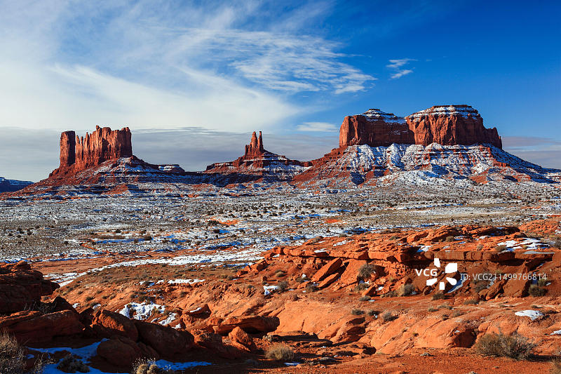 冬季美国犹他州纪念碑谷的梅萨和独石柱图片素材