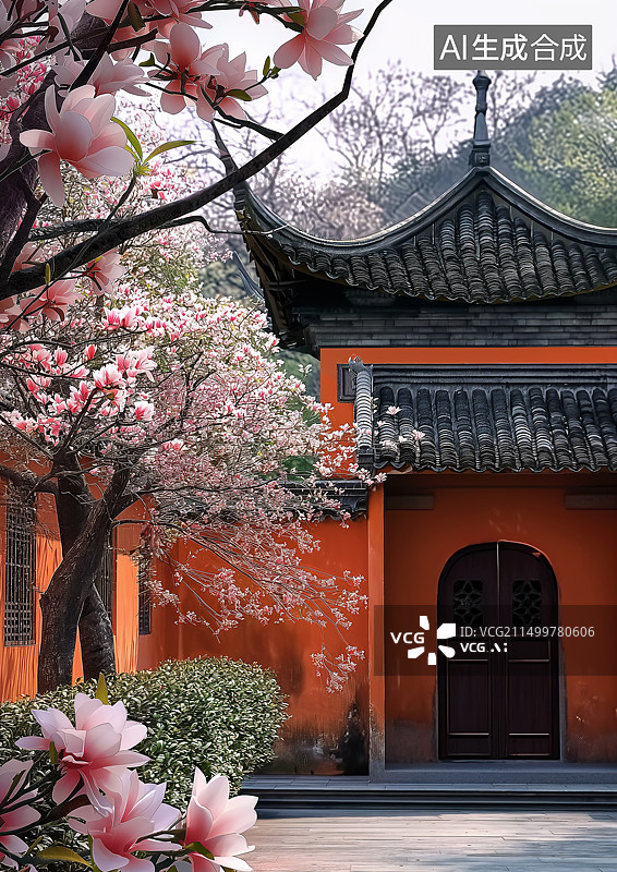 【AI数字艺术】安静的中国传统建筑盛开鲜花图片素材
