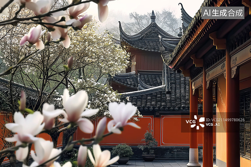 【AI数字艺术】安静的中国传统建筑盛开鲜花图片素材