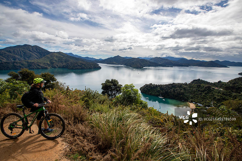 马尔堡峡湾林克步道上的自行车骑行者，新西兰图片素材