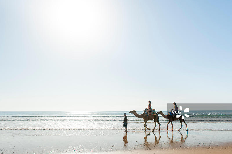 游客在摩洛哥锡迪考基海滩边骑骆驼图片素材