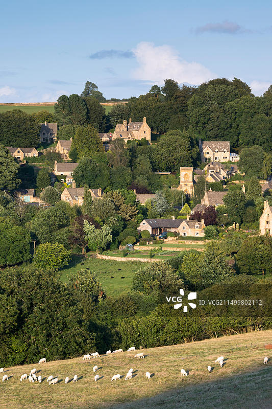 英国科茨沃尔德斯诺斯希尔村庄旁的绵羊图片素材
