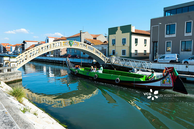 葡萄牙阿威罗圣罗克运河和卡尔卡韦卢斯桥上的莫利塞罗船图片素材